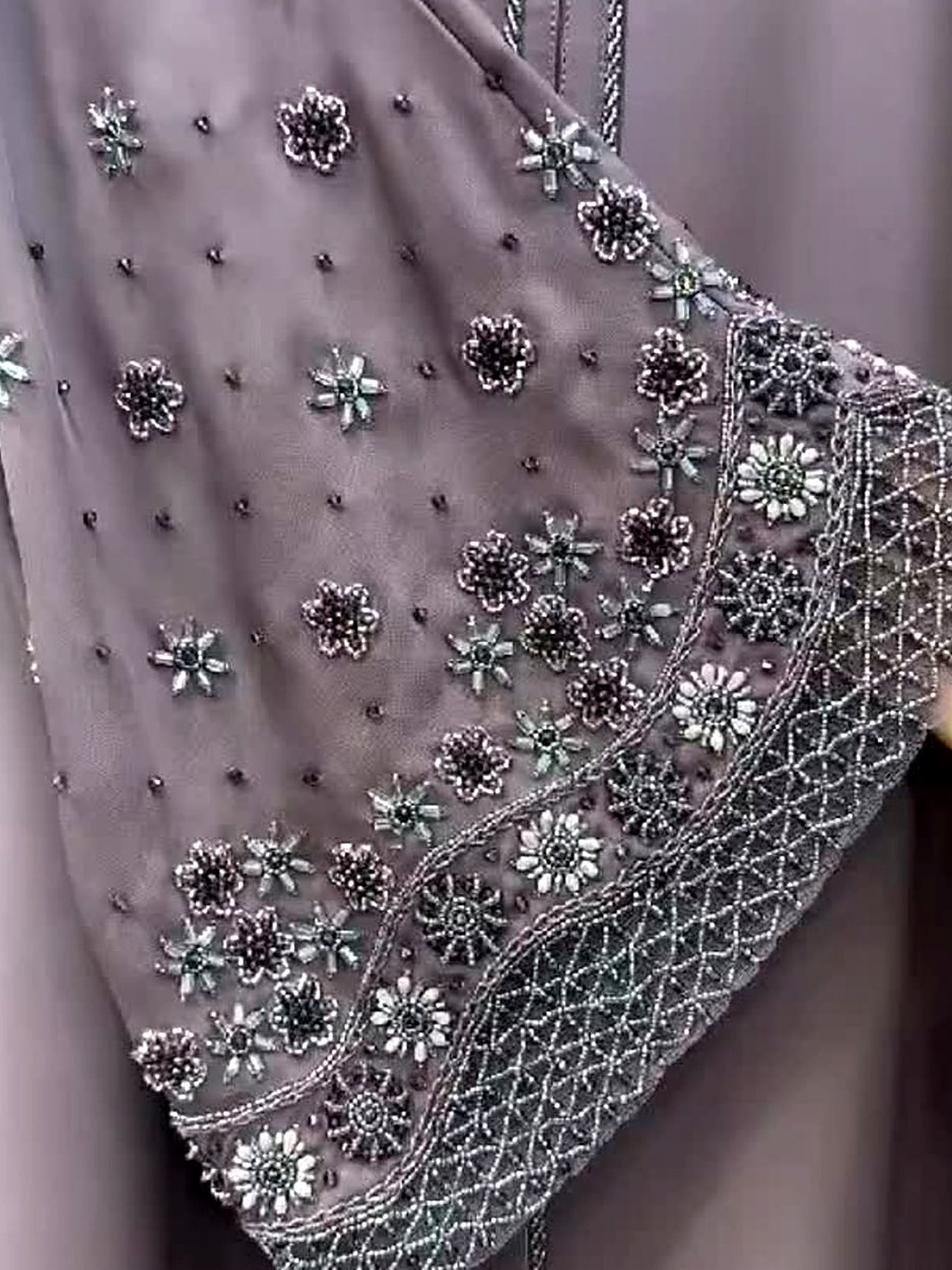 Dove grey abaya sleeve with beaded floral embellishment