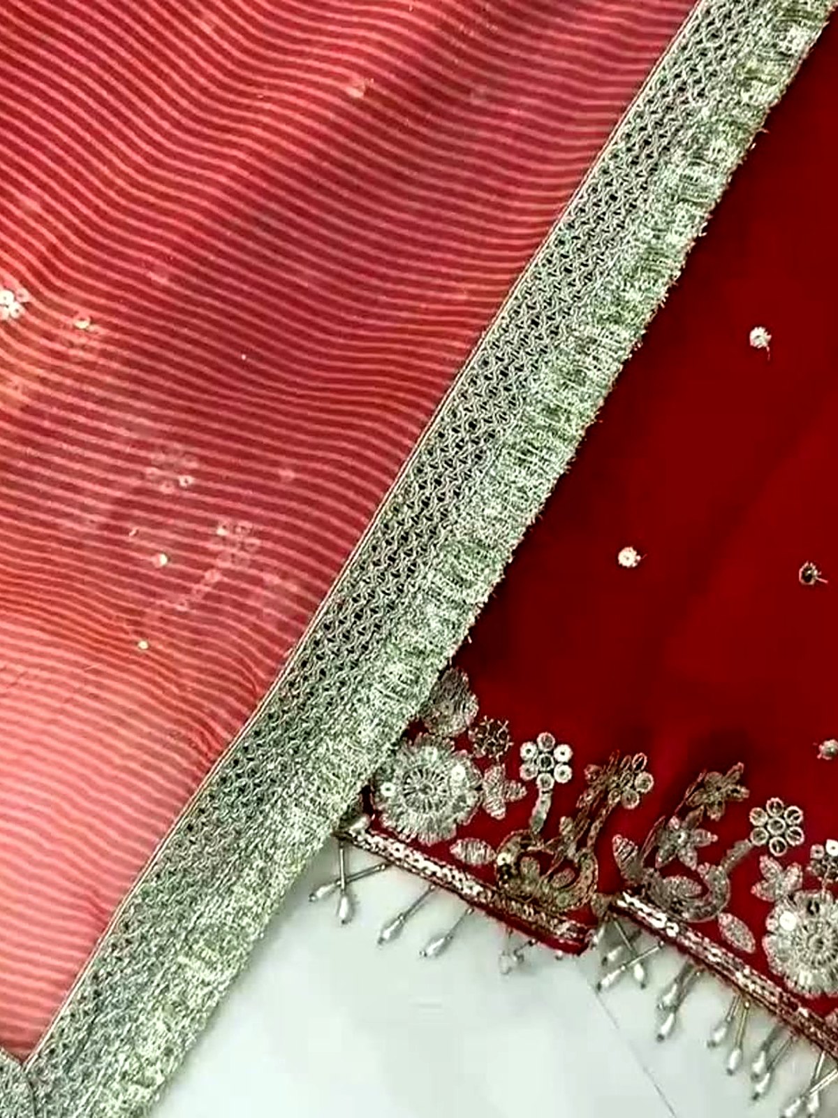 Coral striped fabric with a silver zari border