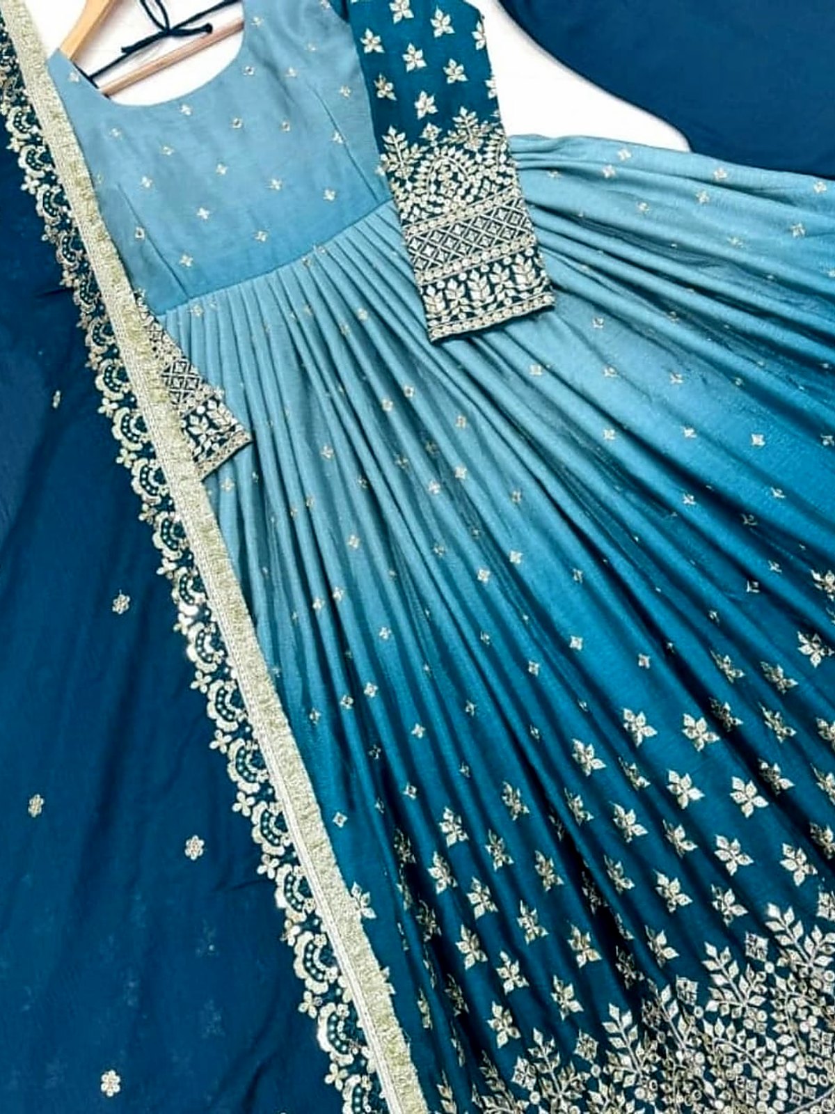 Teal to sky-blue ombré anarkali maxi with silver embroidery