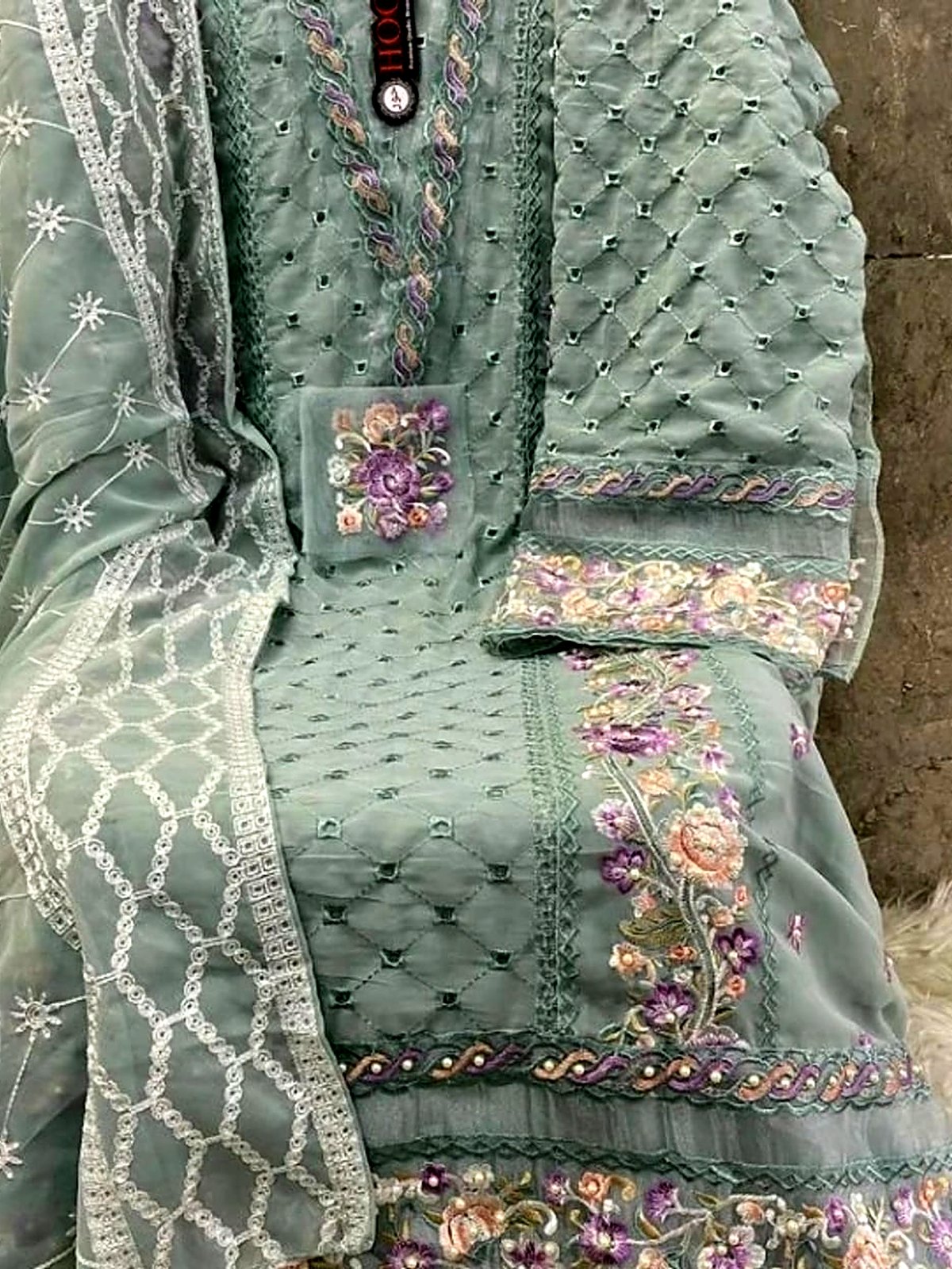 Sage kurta with floral threadwork