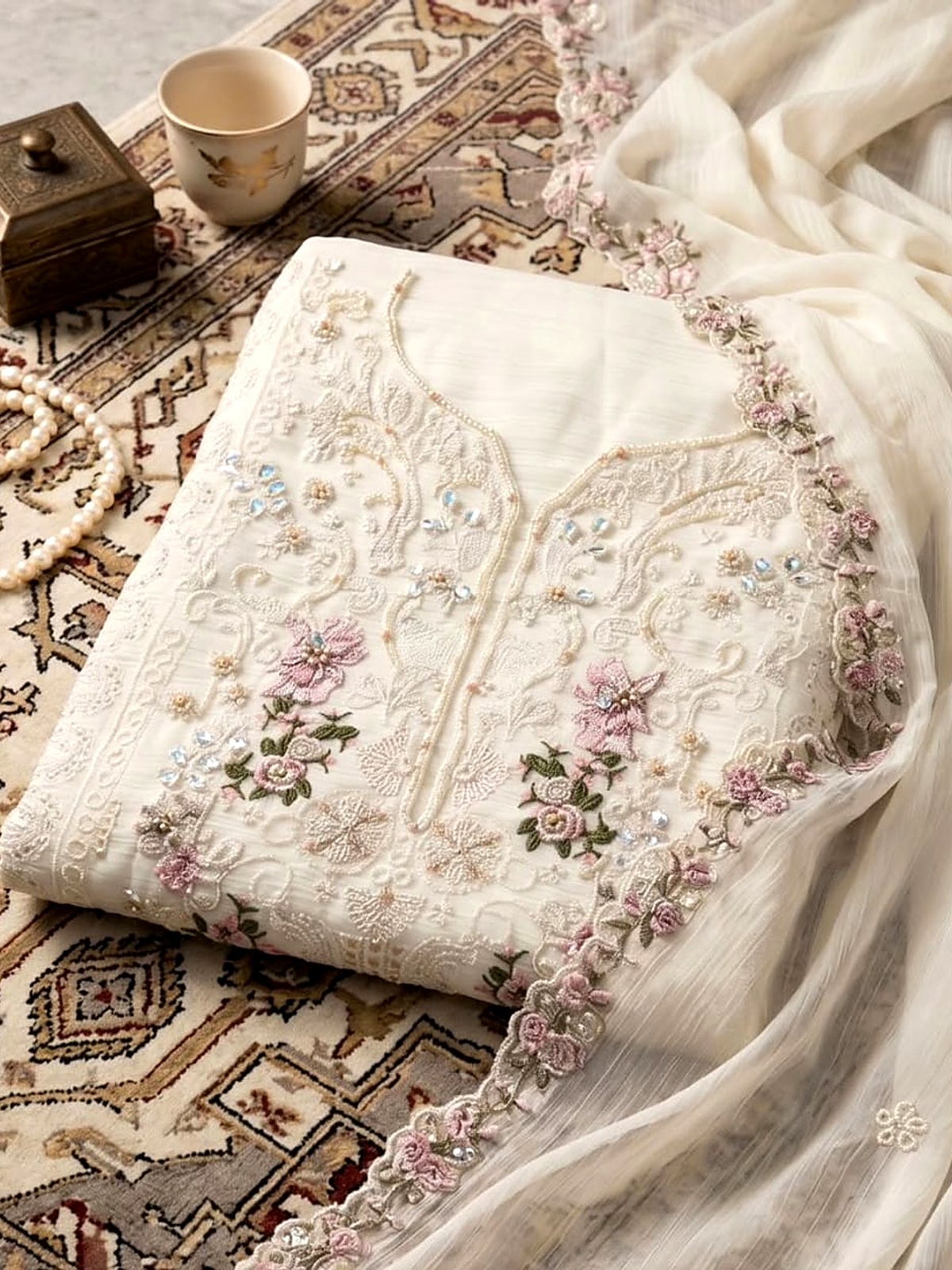 Ivory unstitched salwar material with pearl embroidery, folded