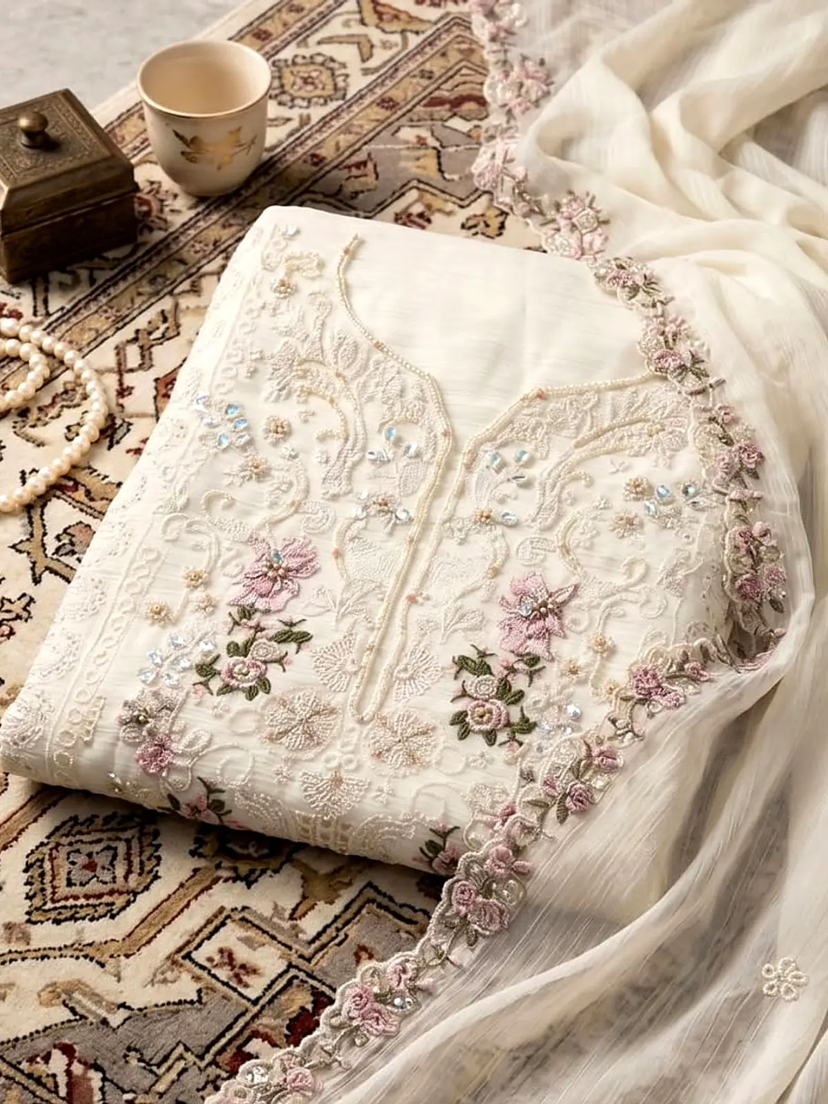 Ivory unstitched salwar material with pearl and floral embroidery, folded on a rug