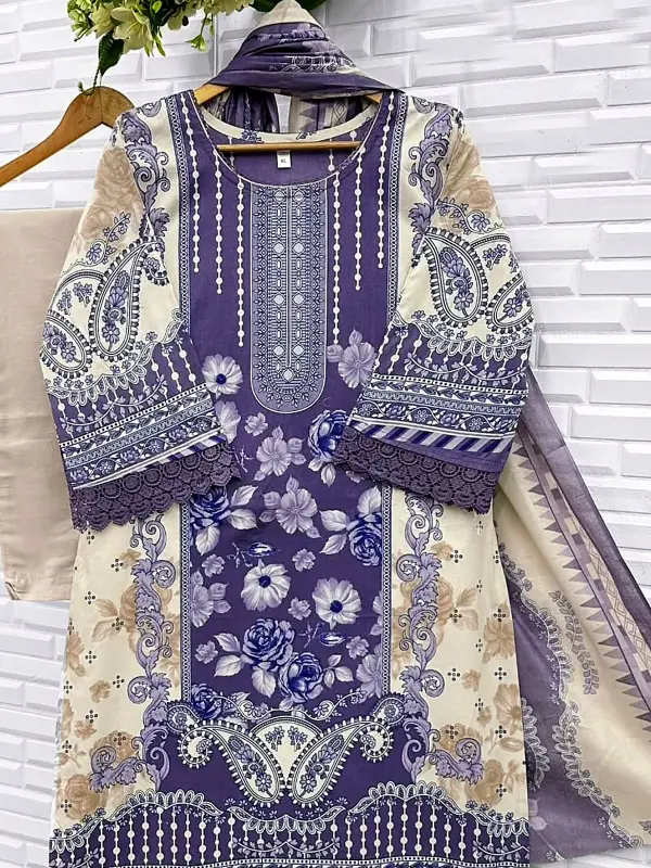 Lilac and cream paisley print kurta with matching dupatta on a hanger