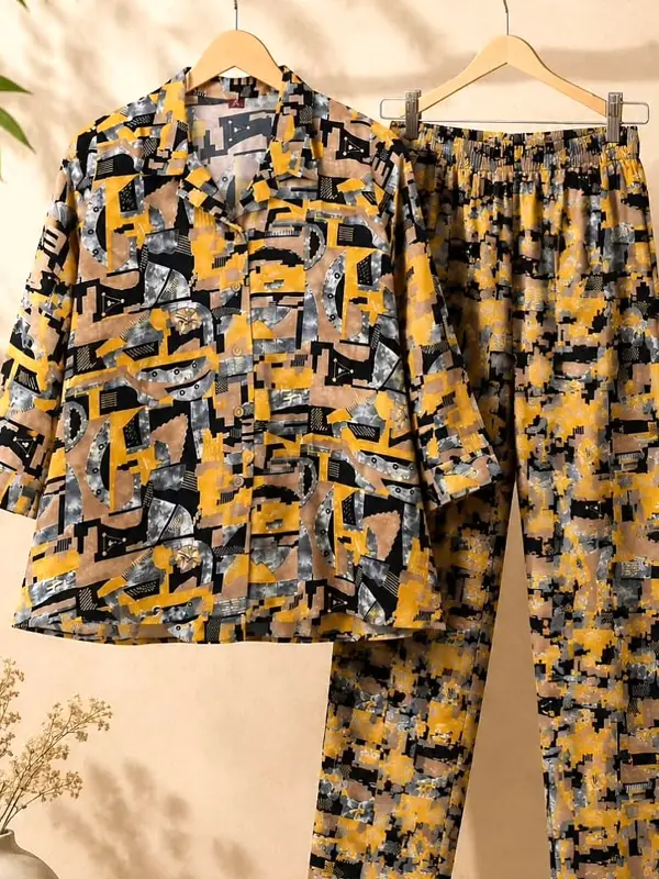 Mustard and grey mosaic print cord set on wooden hangers