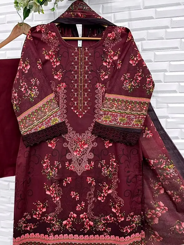 Maroon floral print kurta with lace cuffs and dupatta on a hanger