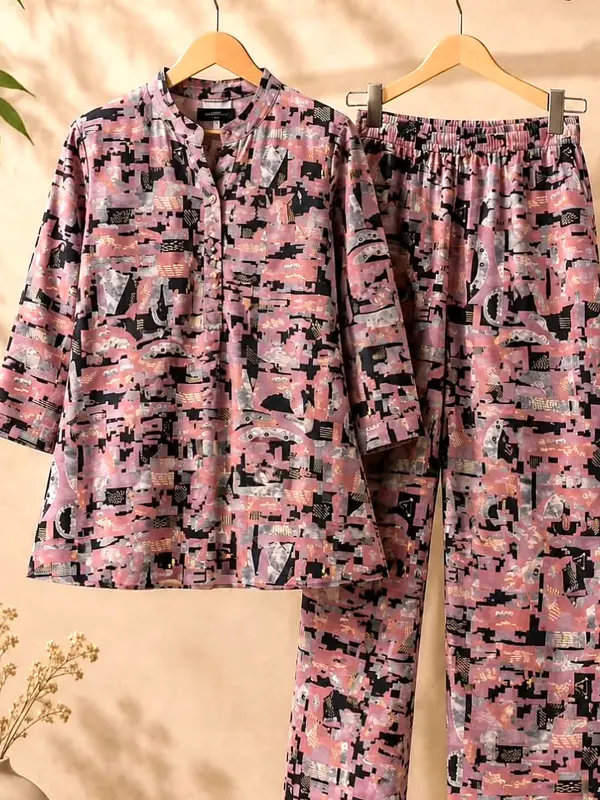 Rose and charcoal abstract print cord set on wooden hangers
