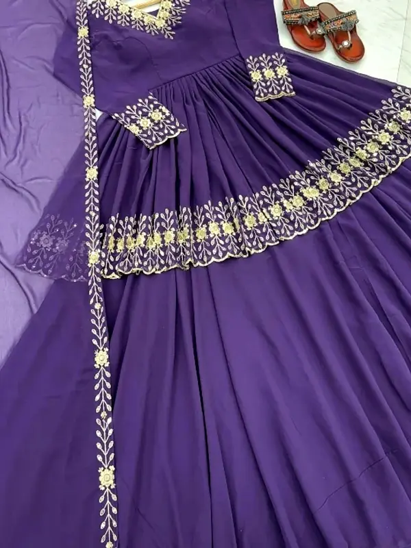Violet flared anarkali maxi with cream embroidered border, laid flat